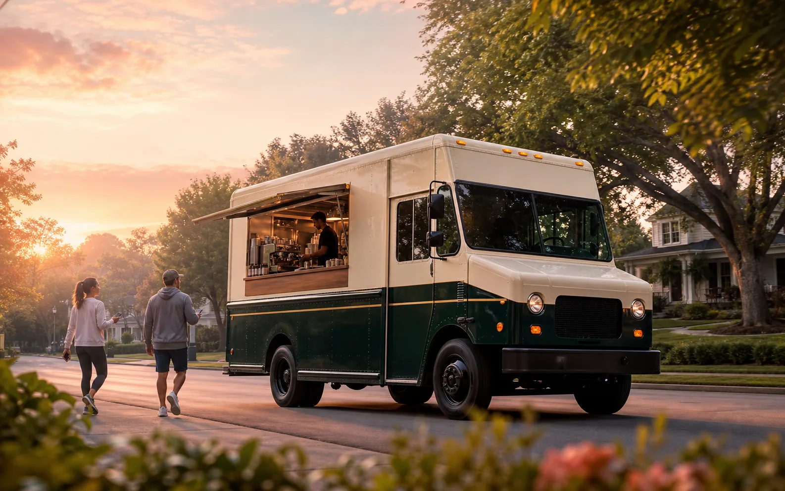 A forest green mobile espresso truck arriving on a neighborhood street at sunrise