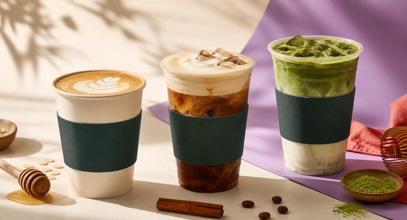 A honey oat latte, vanilla cold brew, and matcha latte